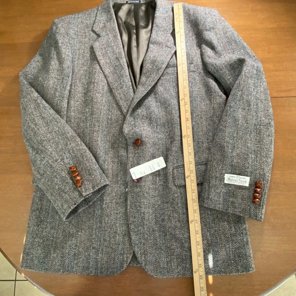 Merit Harris Tweed Grey Herringbone Wool Blazer Sport Coat 44L Tailored in USA